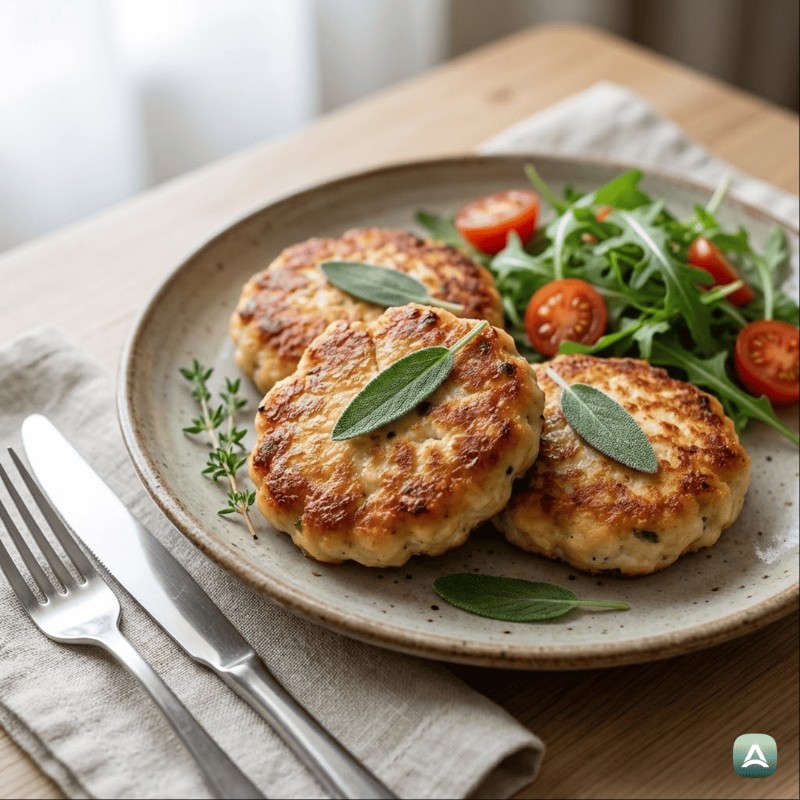 Hausgemachte Hähnchen-Frikadellen mit Salbei, Thymian und geriebenem Apfel