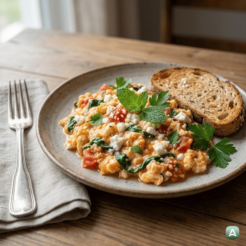 Cremiges griechisches Rührei mit frischen Tomaten, Spinat und Feta-Käse
