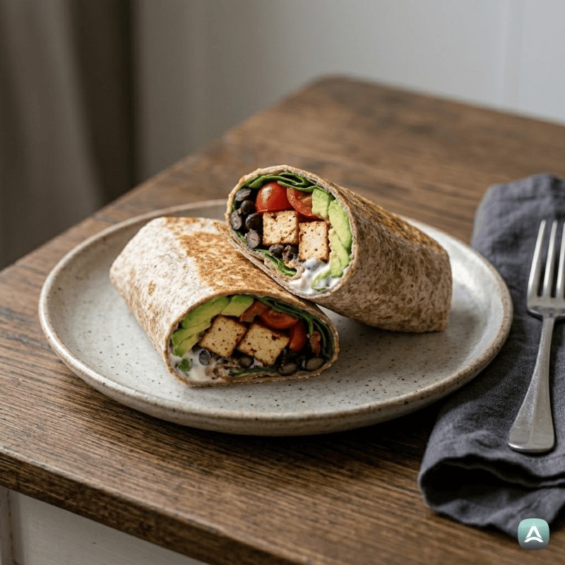 Veganska tortilja s tofujem, črnim fižolom in avokadovo kremo