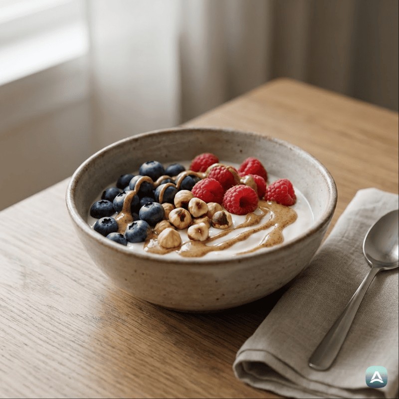 Cremige Joghurtschale mit gerösteten Haselnüssen, Beeren und Mandelmus
