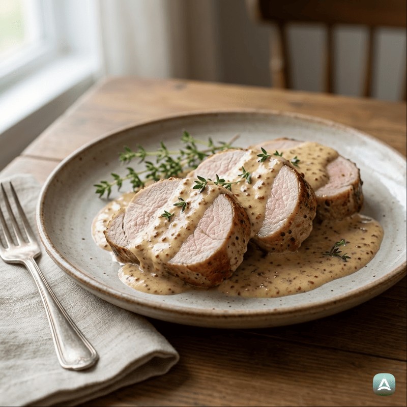 Schweinefilet in reichhaltiger Senfsoße mit frischen Kräutern