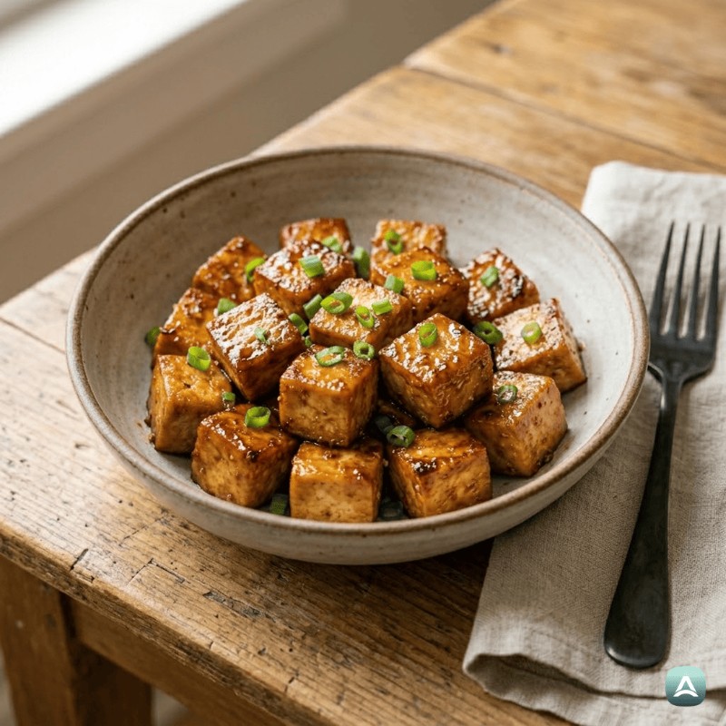 Knuspriger Tofu in Senf-Ahorn-Marinade