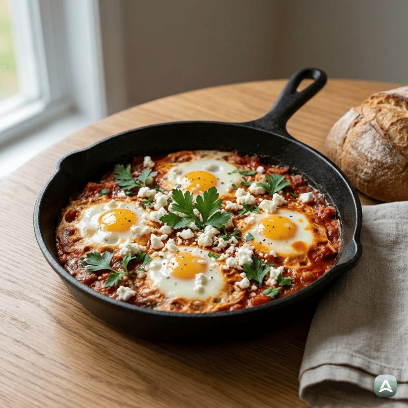 Traditionelle Shakshuka mit Feta und frischen Kräutern