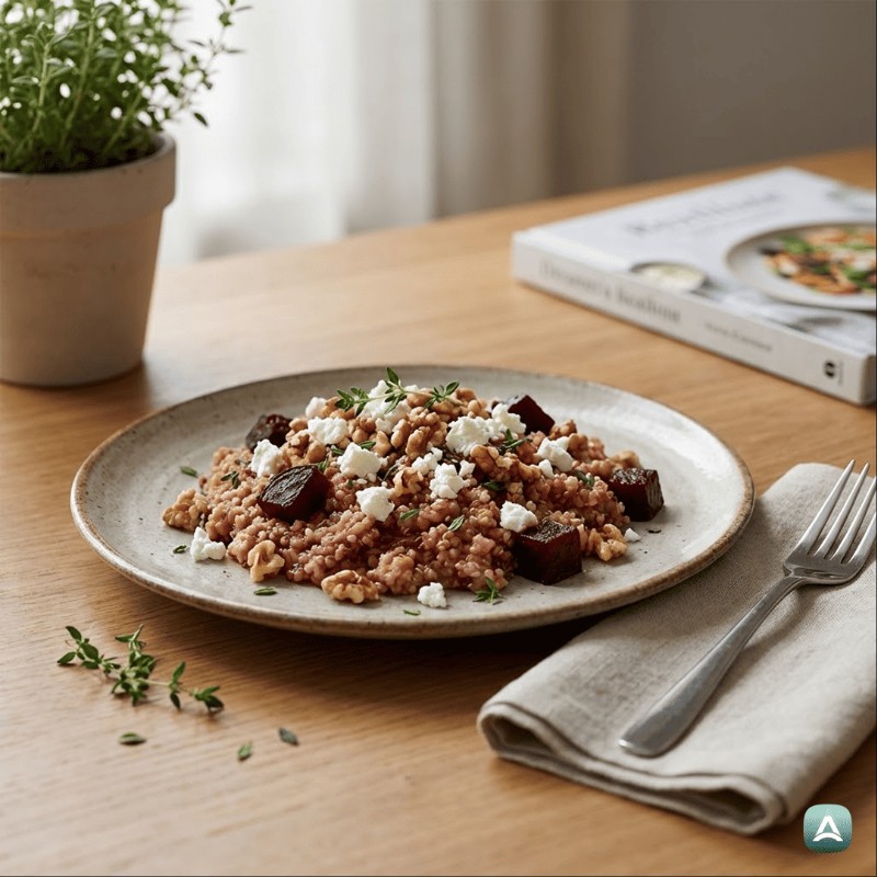 Protein-Quinoa-Risotto mit gebackener Roter Bete, Feta und Walnüssen