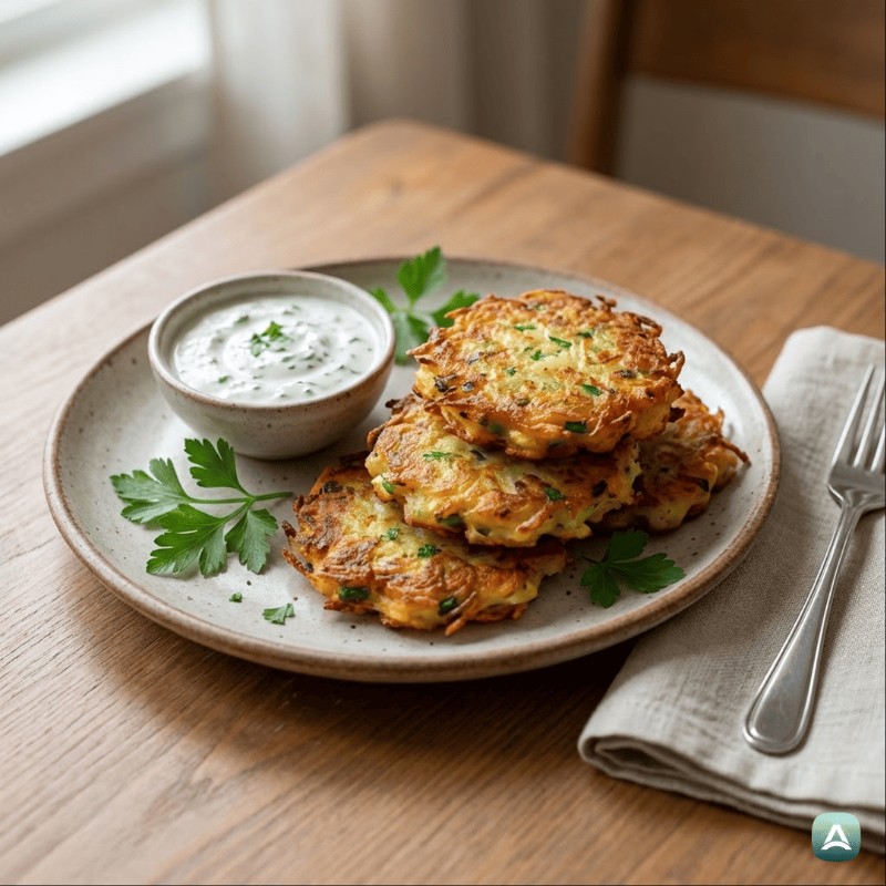Knusprige Kartoffelpuffer mit Gemüse und Kräuterdip