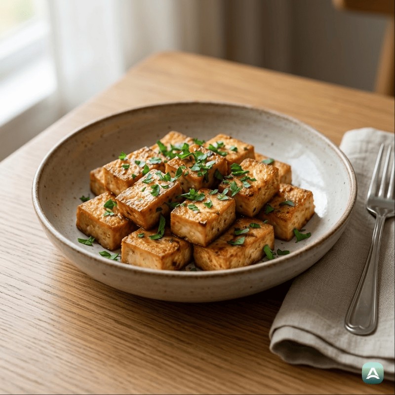 Knuspriger gebackener Tofu aus dem Ofen mit Sojasoße und Knoblauch
