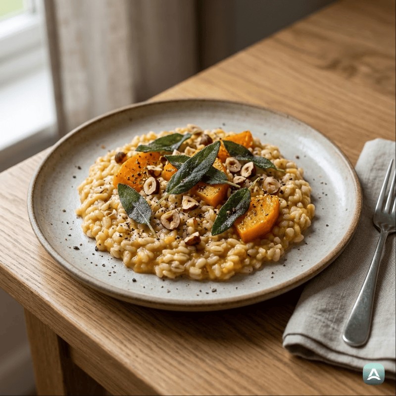 Perfektes Gerstengraupen-Risotto mit gebratenem Kürbis, knusprigem Salbei und Nüssen