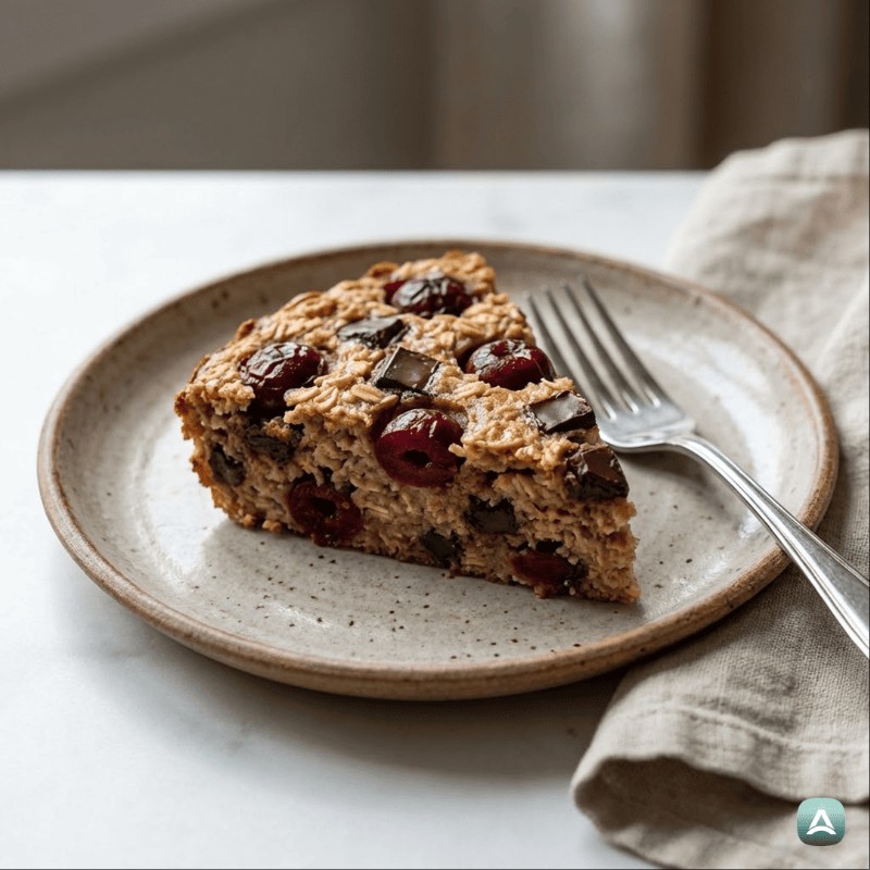 Gebackener Haferbrei mit Sauerkirschen und Stückchen dunkler Schokolade