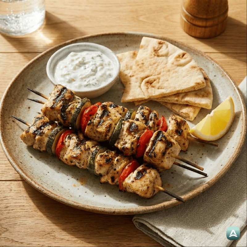 Saftige mediterrane Hähnchenspieße mit Kräutern und buntem Gemüse