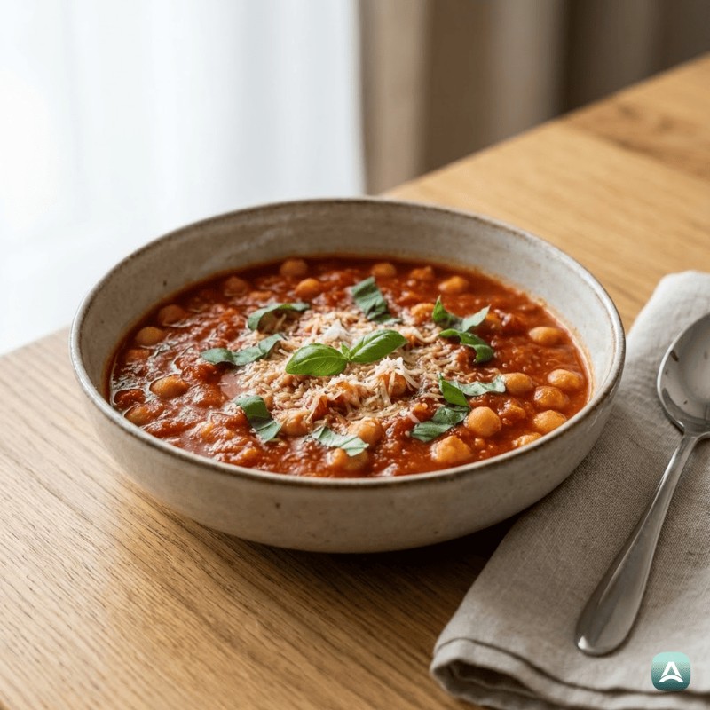 Reichhaltige Tomatensauce mit Kichererbsen, frischem Basilikum und aromatischem Knoblauch