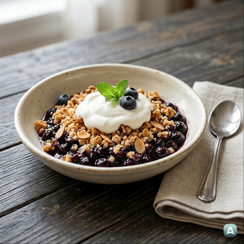 Knuspriger Heidelbeer-Crumble mit Mandeln ohne Mehl und Zucker