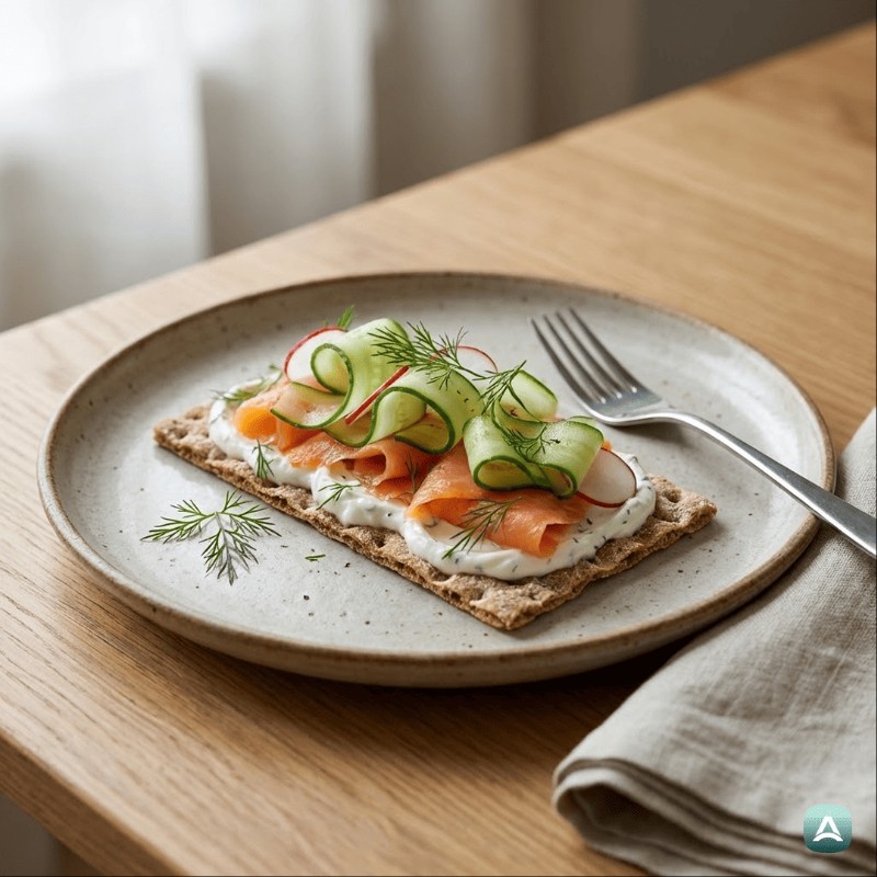 Knäckebrot mit Räucherlachs, Gurke und Dill