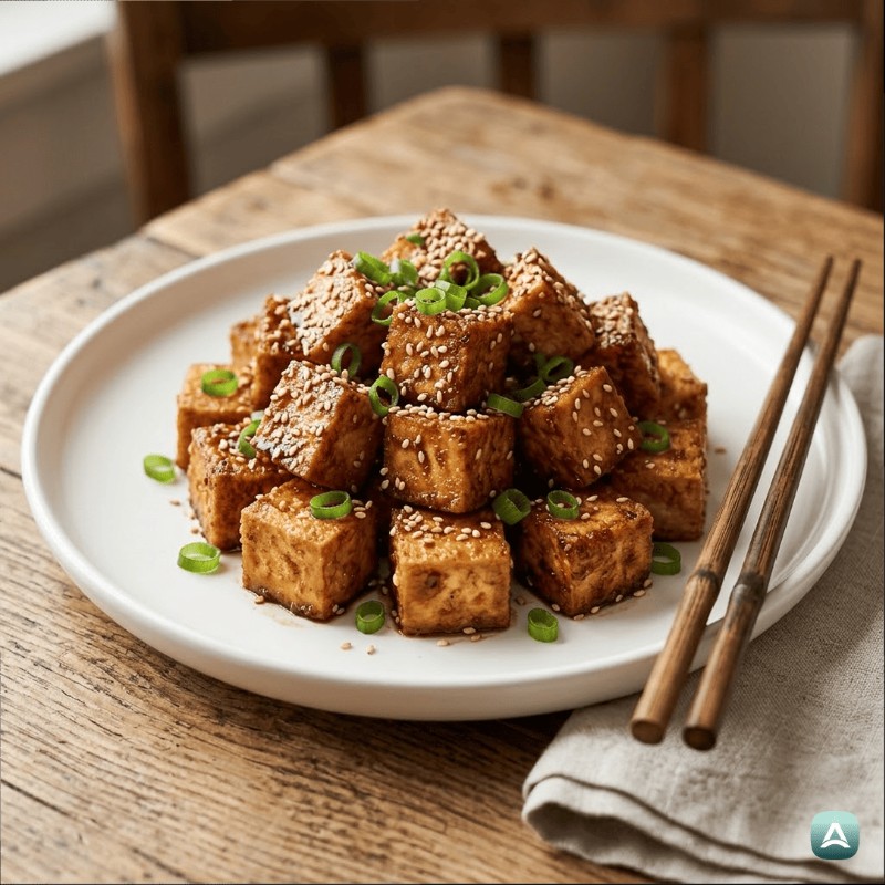 Hrustljav azijsko mariniran tofu z ingverjem in česnom iz pečice