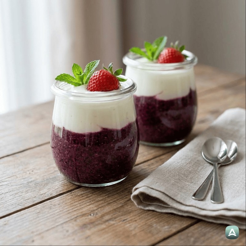 Protein-Pudding mit Waldfrüchten, Chiasamen und veganer Vanillecreme