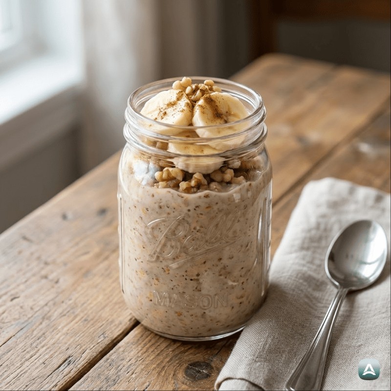 Vegane Overnight Oats mit Bananenbrot-Geschmack, Walnüssen und Zimt
