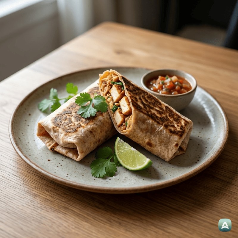 Knuspriger Burrito mit gebackenem Tofu, schwarzen Bohnen und Limettenreis