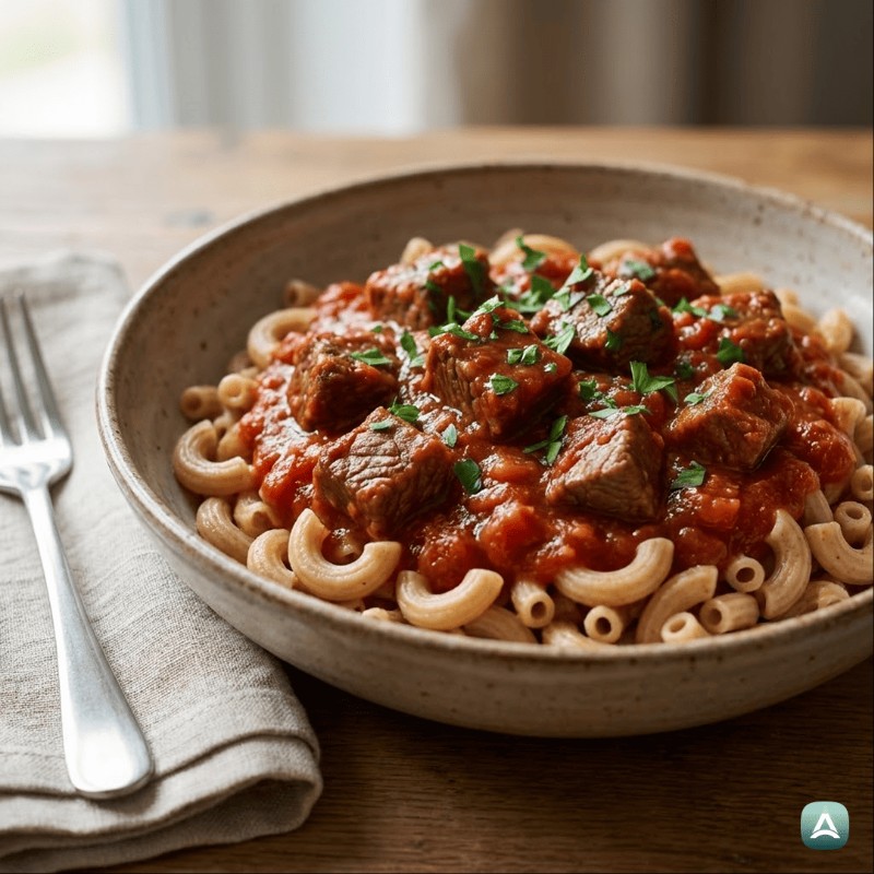 Bogati goveji ragu s polnozrnatimi makaroni