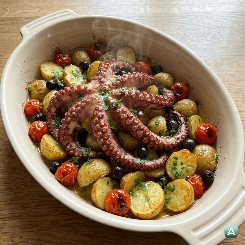 Langsam gebackener Octopus mit Kartoffeln, Oliven und mediterranen Kräutern
