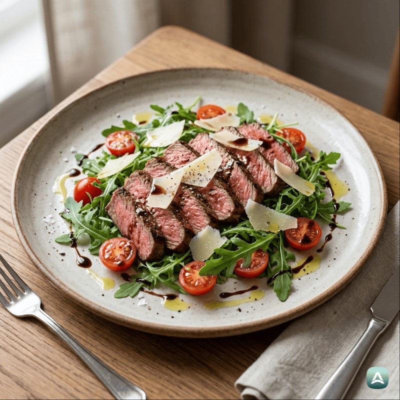 Perfekte Steak-Tagliata mit Rucola, Kirschtomaten und Parmesanspänen