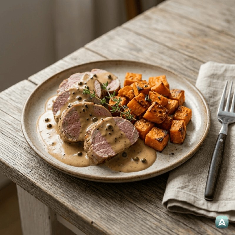 Saftiges Schweinefilet in cremiger Pfeffersauce mit gebackenen Süßkartoffeln