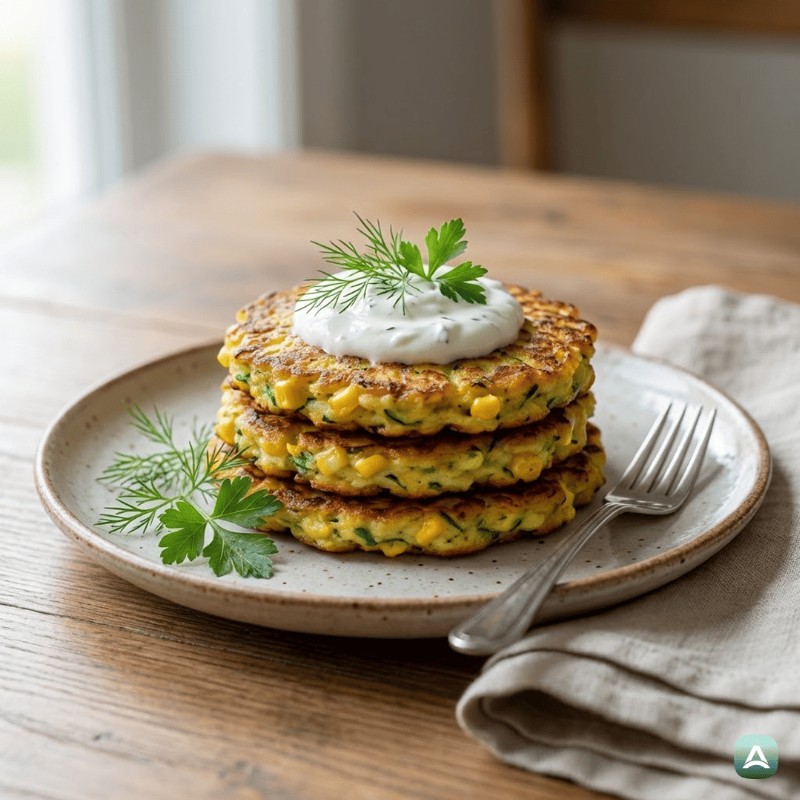 Knusprige Zucchini-Puffer mit Mais, Feta und frischem Frühlingszwiebel