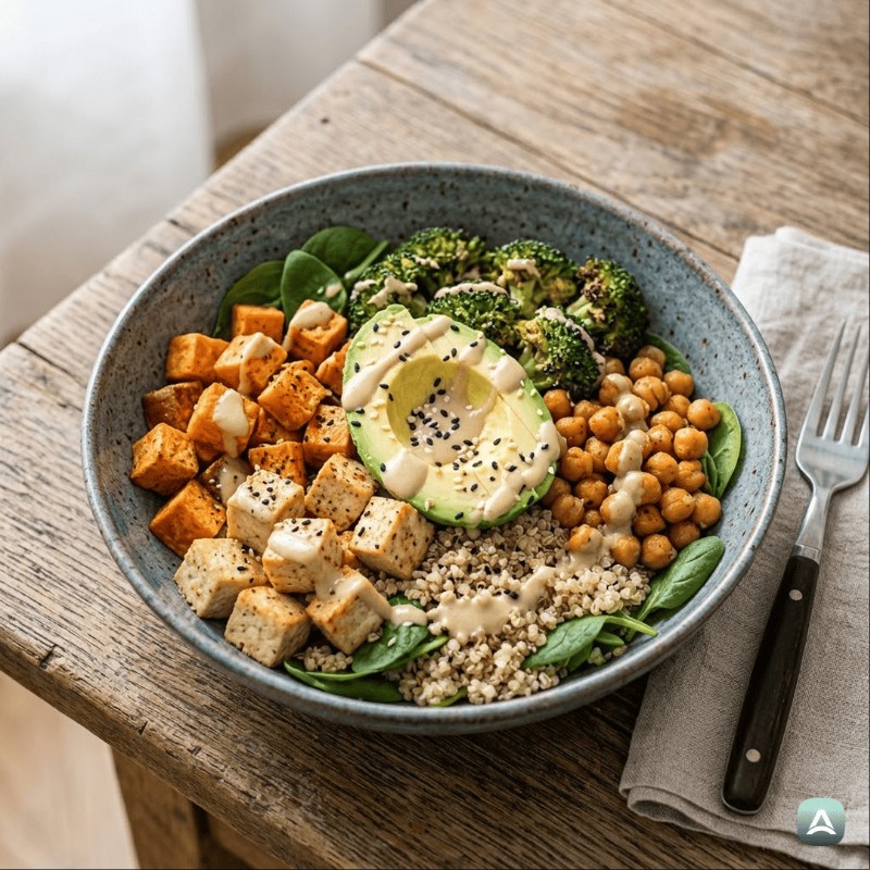 Protein-Bowl mit knusprigem Tofu, Kichererbsen und gebackener Süßkartoffel