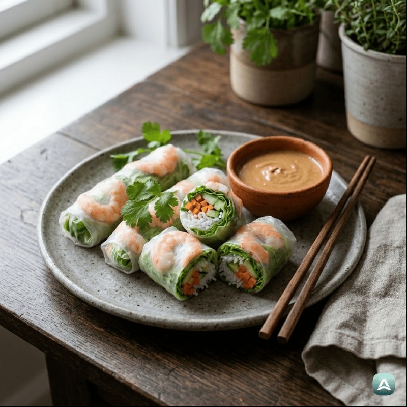 Frische vietnamesische Frühlingsrollen mit Garnelen und cremiger Erdnusssauce