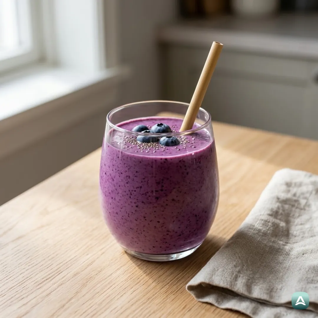 Cremiger Blaubeer-Protein-Smoothie mit Sojaprotein und Erdnussbutter
