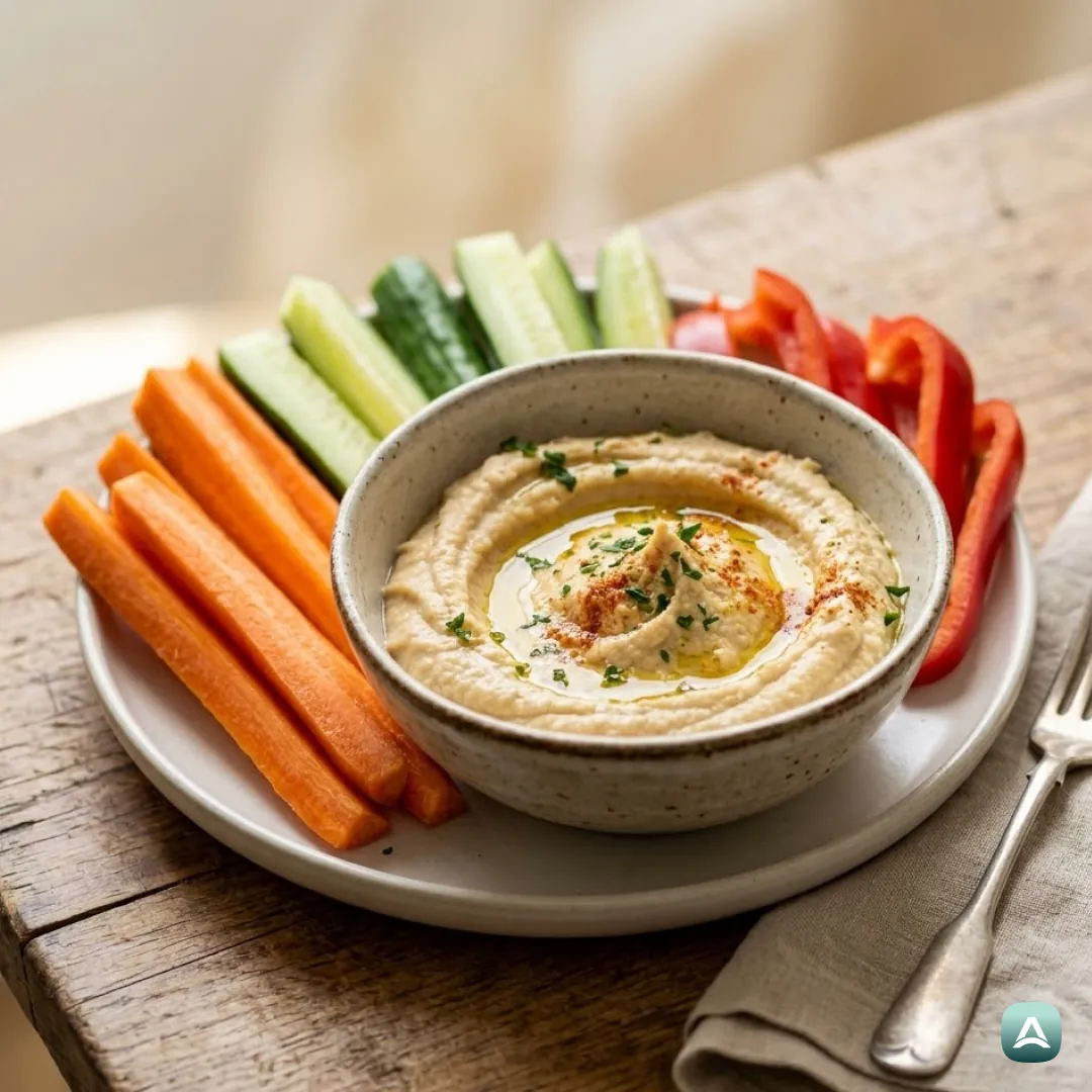 Cremiger hausgemachter Hummus mit knackigen Gemüsesticks