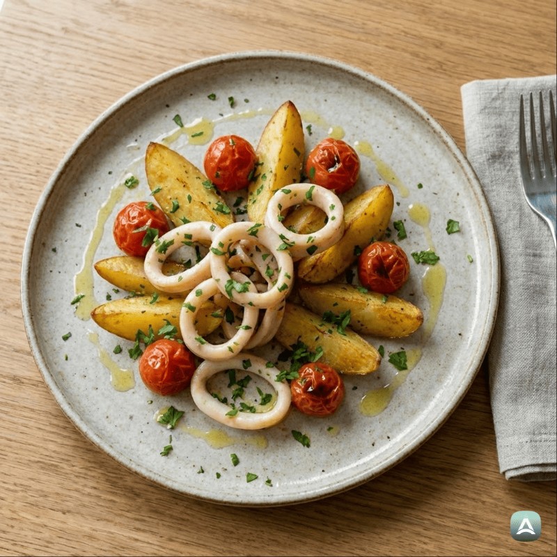 Mediterrane Tintenfische mit knusprigen Kartoffeln und Kirschtomaten
