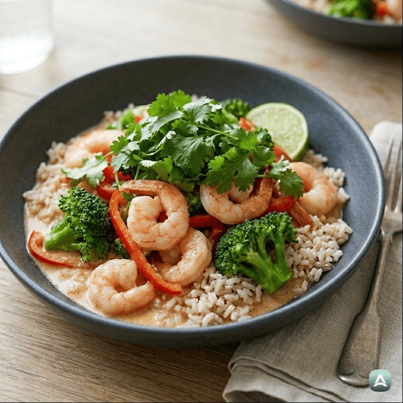 Thai-Curry mit Garnelen, knackigem Gemüse und Vollkornreis