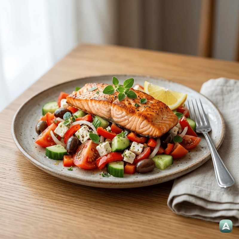 Griechischer Salat mit knusprig gebratenem Lachs und Zitronendressing