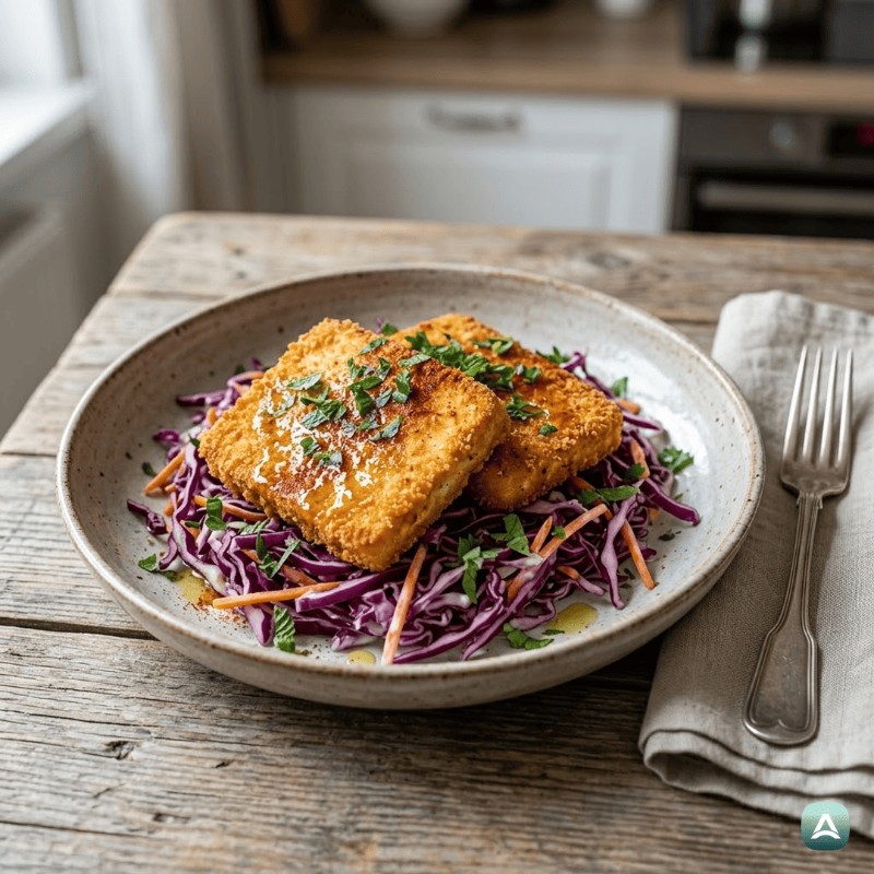 Knusprige Tofu-Schnitzel mit geräuchertem Paprika und Rotkohlsalat
