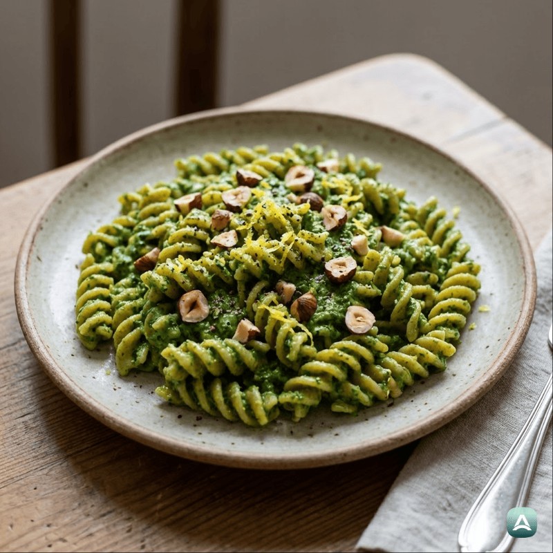Vollkorn-Makkaroni mit cremigem Grünkohl-Pesto und gerösteten Haselnüssen
