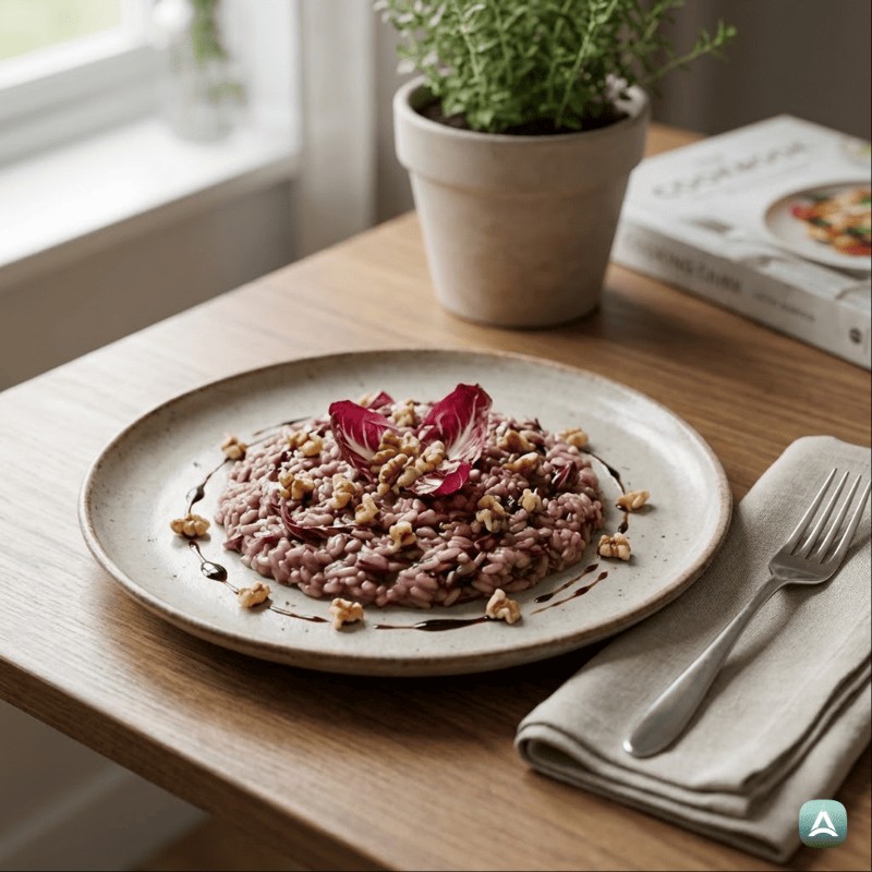 Risotto mit Trevisaner Radicchio, Rotwein und knusprigen Walnüssen