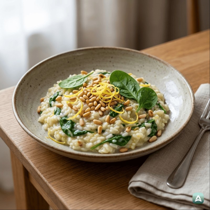 Perfektes cremiges Risotto mit Spinat, gerösteten Pinienkernen und Zitronenschale