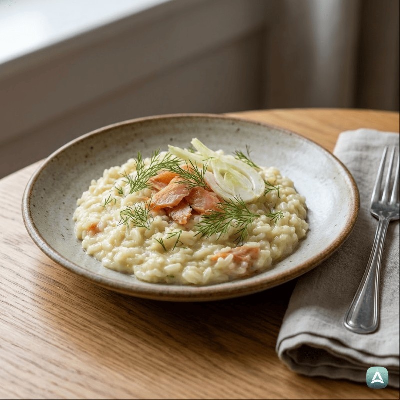 Cremiges Risotto mit Fenchel, geräucherter Forelle und frischem Dill
