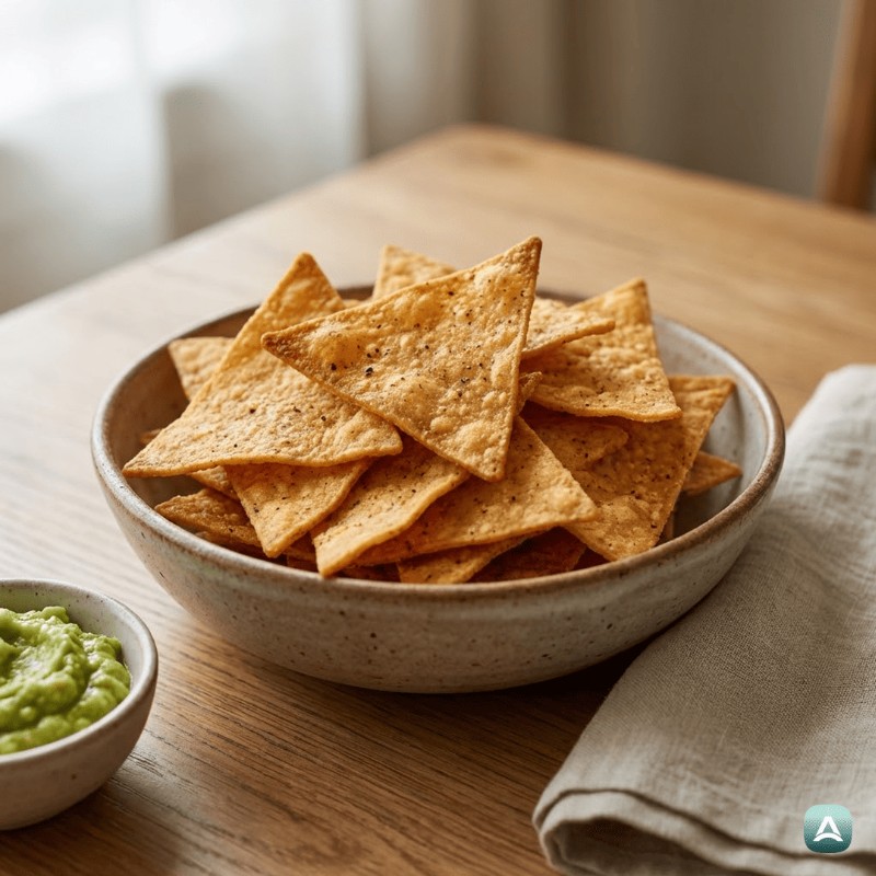 Knuspriger hausgemachter Keto-Tortilla-Chips mit Mandelmehl und Gewürzen
