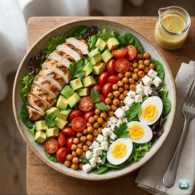 Salat mit Avocado, Hähnchen und knusprigen Kichererbsen