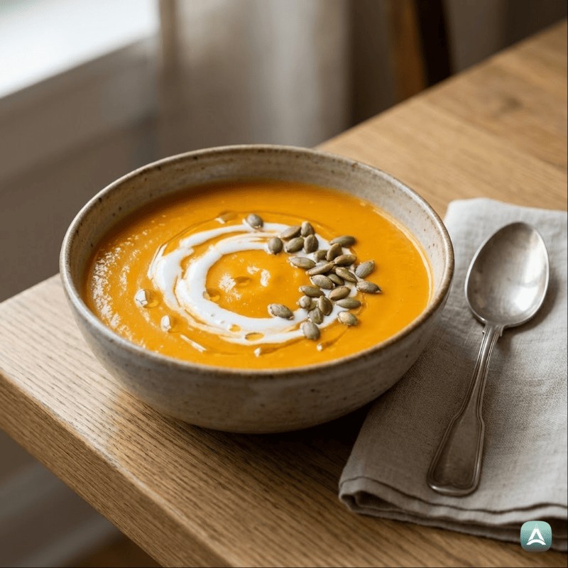 Cremige Karottensuppe mit Ingwer und gerösteten Kürbiskernen