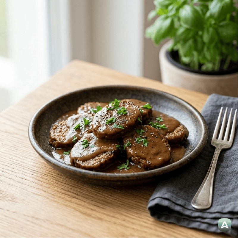 Knuspriger Seitan in reichhaltiger natürlicher Sauce mit Knoblauch und Thymian