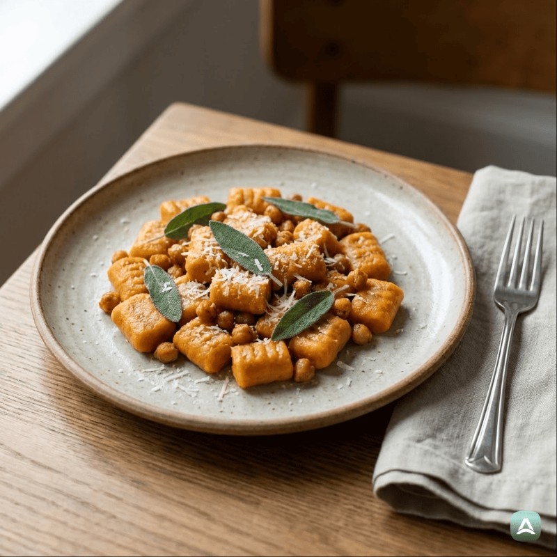 Hausgemachte Süßkartoffel-Gnocchi mit knusprigen Kichererbsen und frischem Salbei