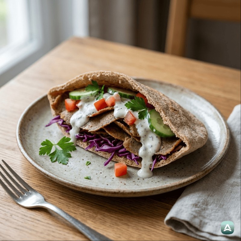 Hausgemachter 'Döner' Kebab aus dem Backofen mit frischem Salat und leichtem Knoblauchdressing