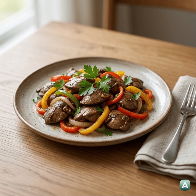 Saftige gebratene Hühnerleber mit bunter Paprika und Zwiebel