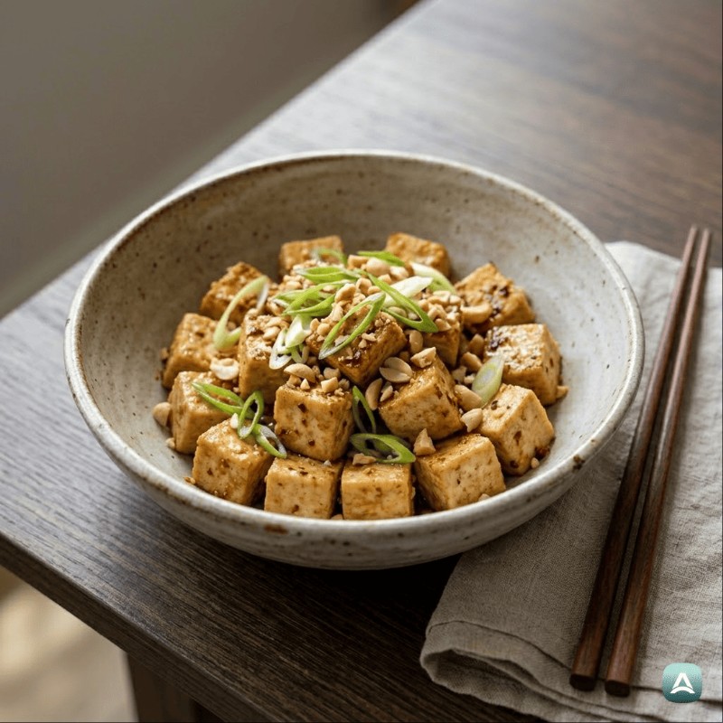 Knuspriger Tofu in reichhaltiger Erdnuss-Marinade