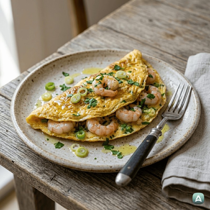 Perfektes saftiges Omelett mit Garnelen, jungem Knoblauch und frischen Kräutern