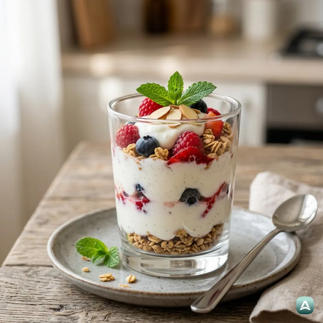 Erfrischendes Vanilleparfait mit gemischten Beeren und knuspriger Granola