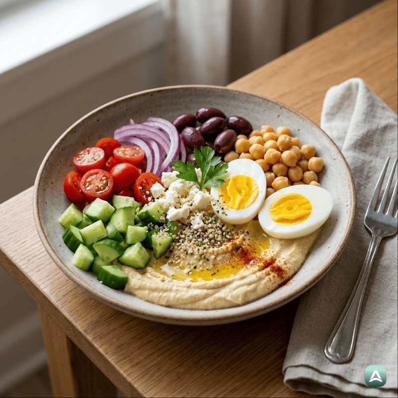 Proteinreiche mediterrane Hummus-Bowl mit Kichererbsen und Ei