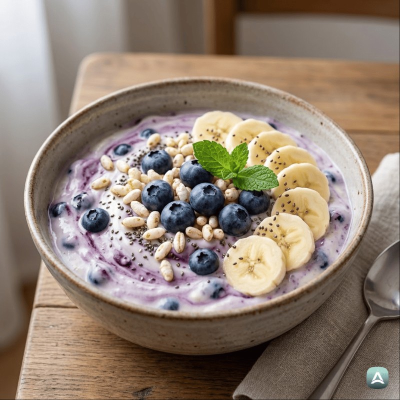 Jogurt brez laktoze z borovnicami, banano in hrustljavim ekspandiranim rižem