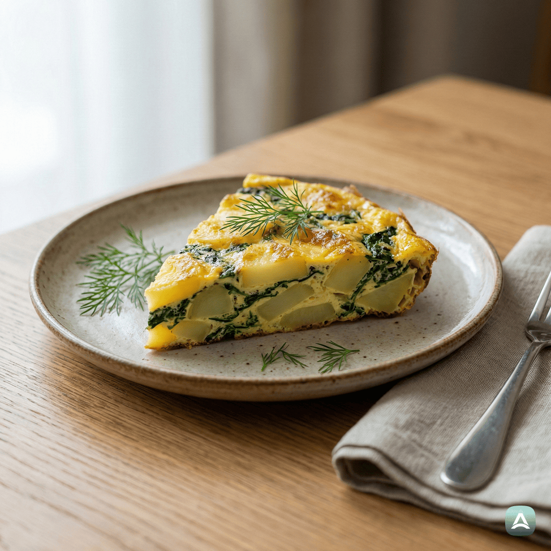 Krompirjeva fritata s špinačo, feto in svežim koprom